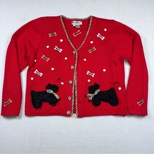 Vintage Jack B Quick Red Scotty Dog Bones Holiday Sweater Large Y2K CottageCore